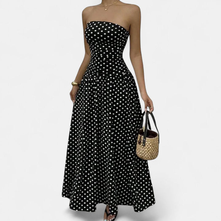 Women's Polka Dot Wedding Guest Maxi Dress, Strapless A Line