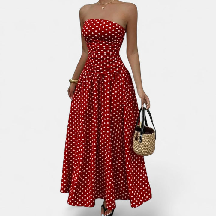 Women's Polka Dot Wedding Guest Maxi Dress, Strapless A Line