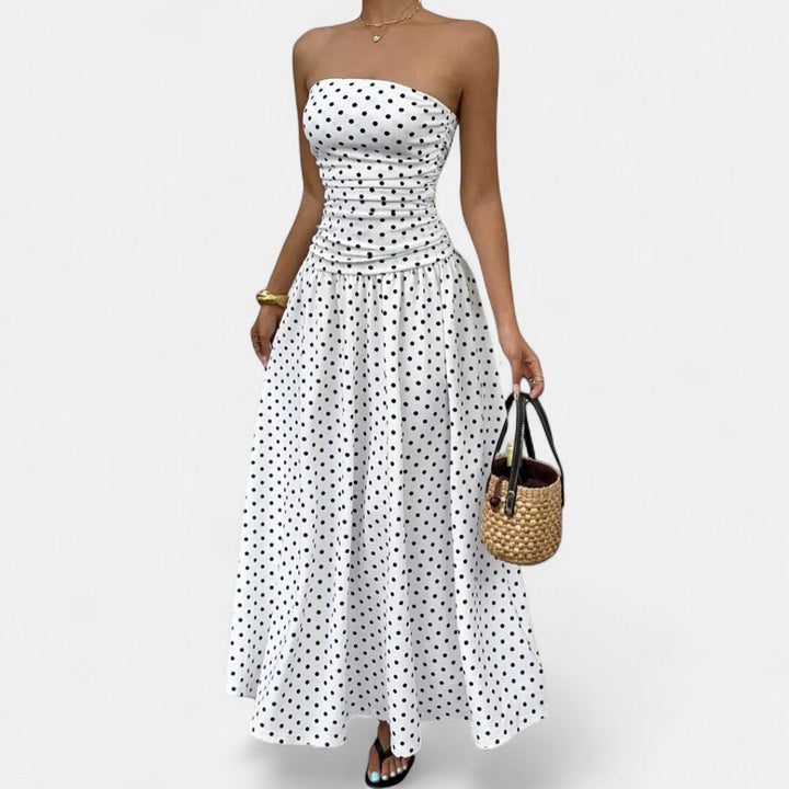 Women's Polka Dot Wedding Guest Maxi Dress, Strapless A Line