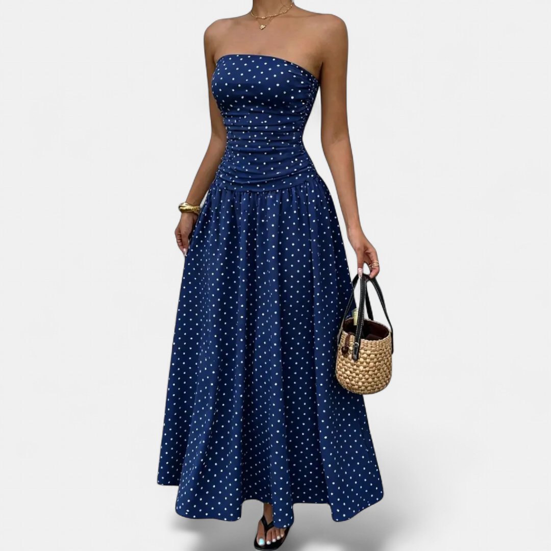Women's Polka Dot Wedding Guest Maxi Dress, Strapless A Line