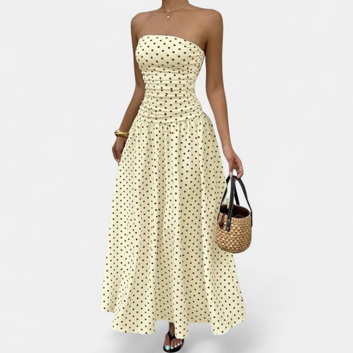 Women's Polka Dot Wedding Guest Maxi Dress, Strapless A Line
