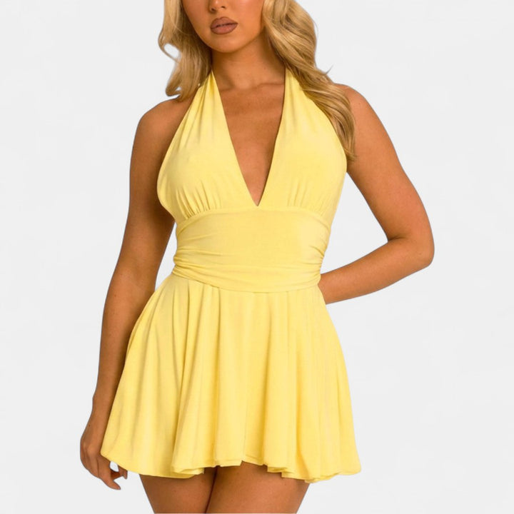 Women's Halter Cocktail Mini Dress, Deep V Tie Back