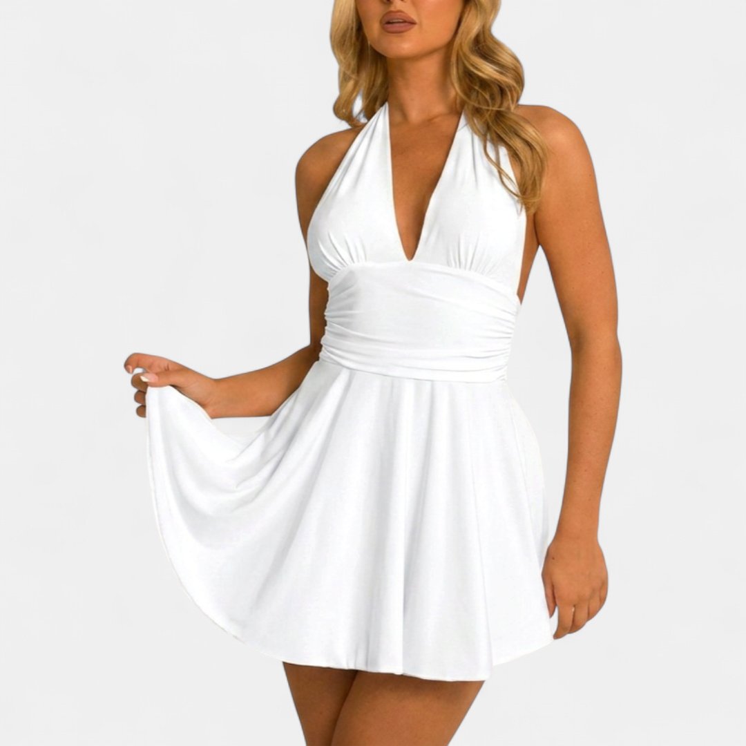 Women's Halter Cocktail Mini Dress, Deep V Tie Back