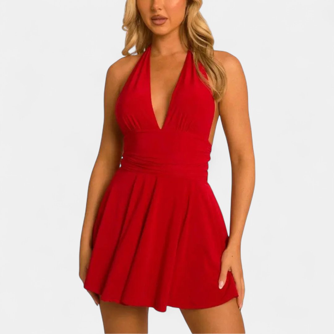 Women's Halter Cocktail Mini Dress, Deep V Tie Back
