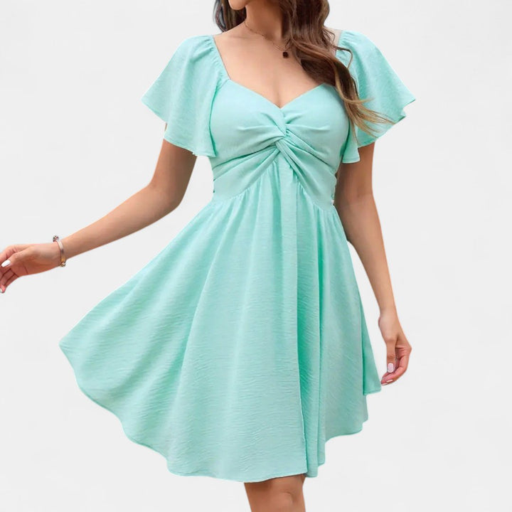 Women's Short Sleeve Cocktail Mini Dress, Twist Front Flare