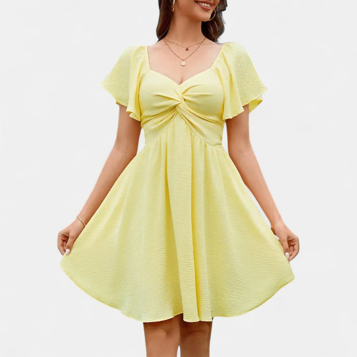Women's Short Sleeve Cocktail Mini Dress, Twist Front Flare