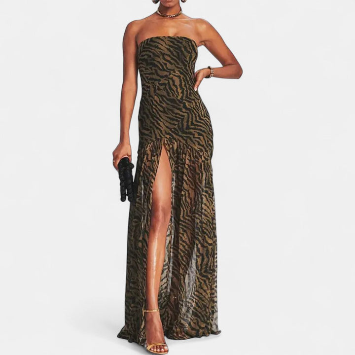 Women's Printed Strapless Cocktail Maxi Dress, High Slit