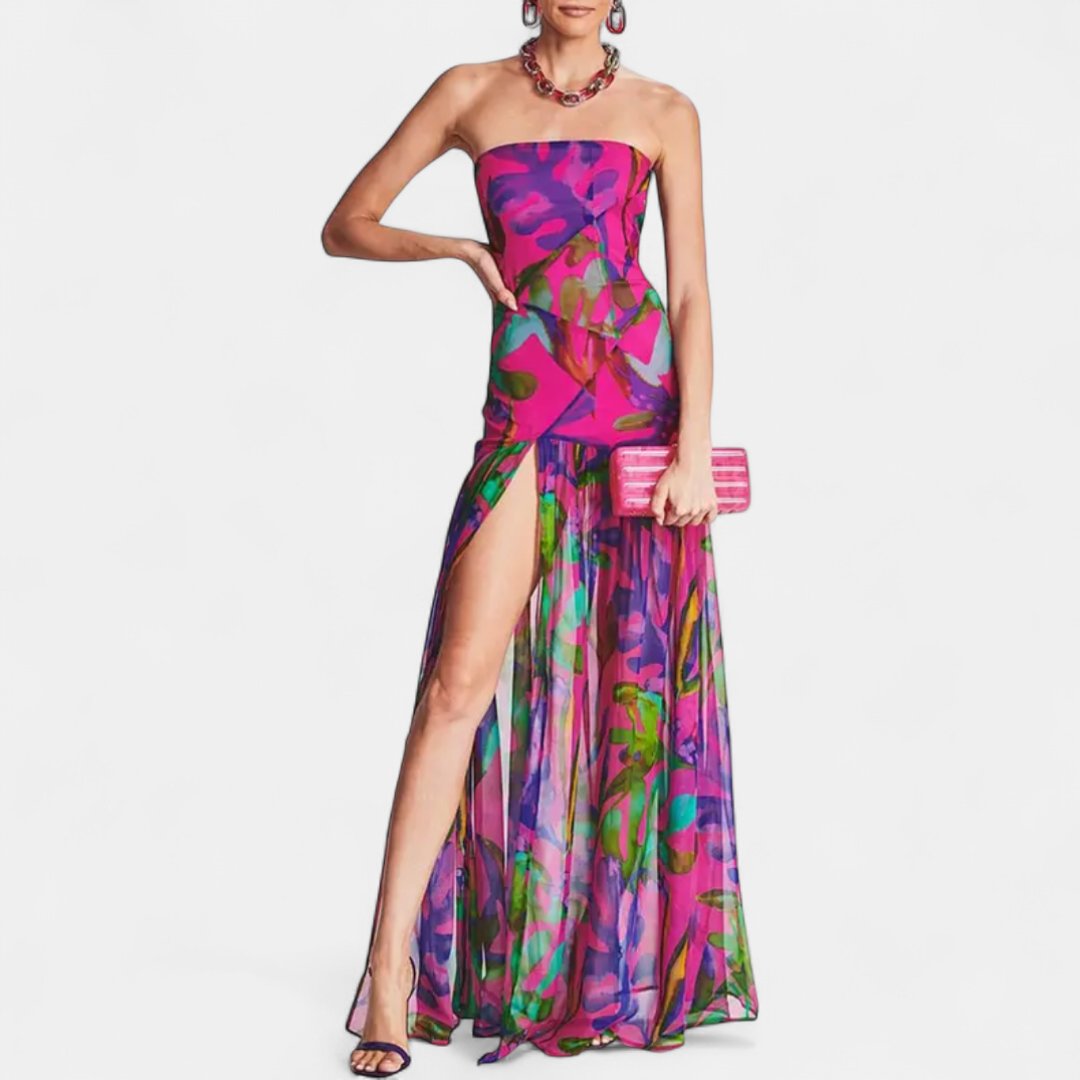 Women's Printed Strapless Cocktail Maxi Dress, High Slit