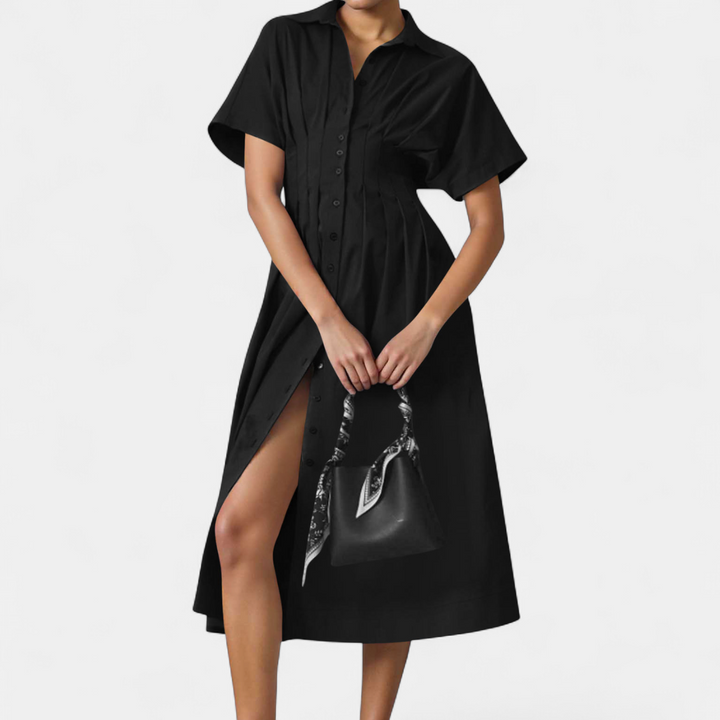 Women's Short Sleeve Shirt Dress, Pleated Waist Midi Slit