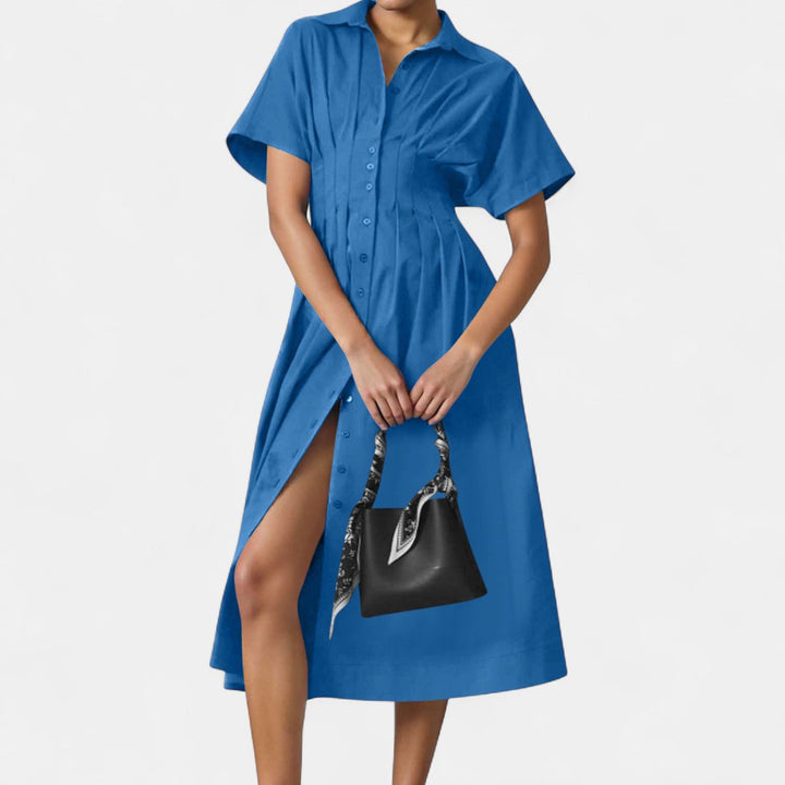 Women's Short Sleeve Shirt Dress, Pleated Waist Midi Slit