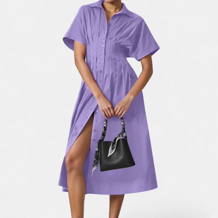 Women's Short Sleeve Shirt Dress, Pleated Waist Midi Slit