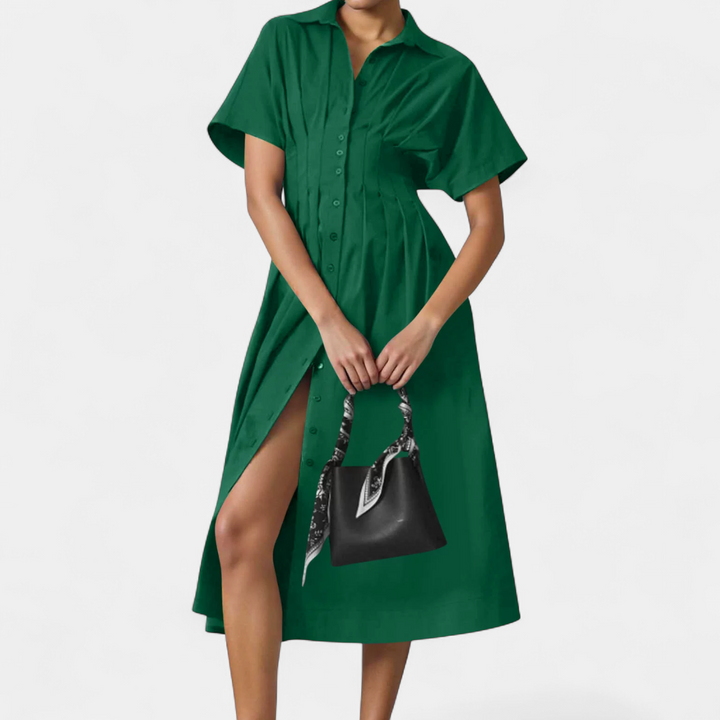 Women's Short Sleeve Shirt Dress, Pleated Waist Midi Slit