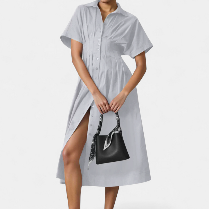 Women's Short Sleeve Shirt Dress, Pleated Waist Midi Slit