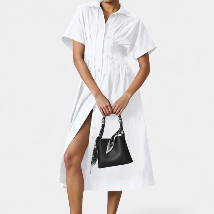Women's Short Sleeve Shirt Dress, Pleated Waist Midi Slit
