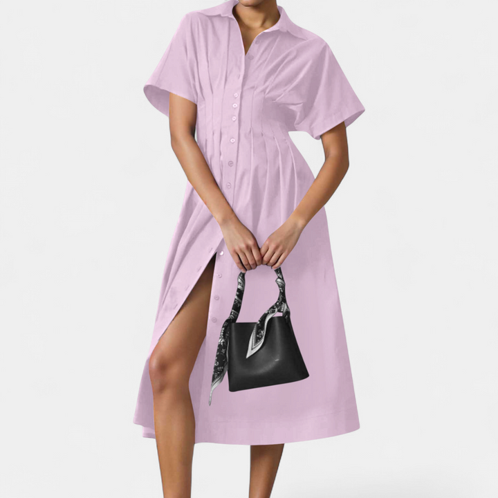 Women's Short Sleeve Shirt Dress, Pleated Waist Midi Slit