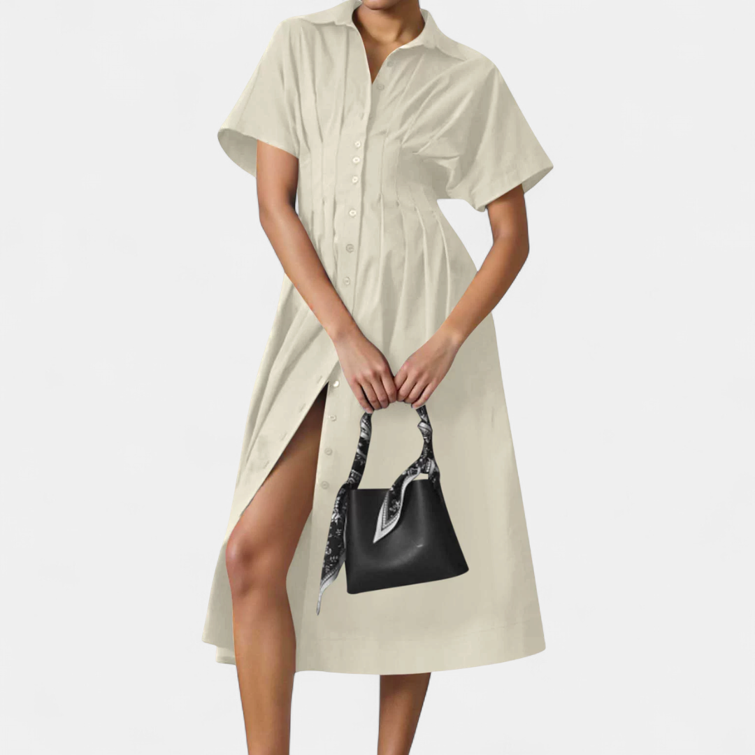 Women's Short Sleeve Shirt Dress, Pleated Waist Midi Slit