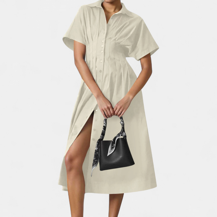 Women's Short Sleeve Shirt Dress, Pleated Waist Midi Slit