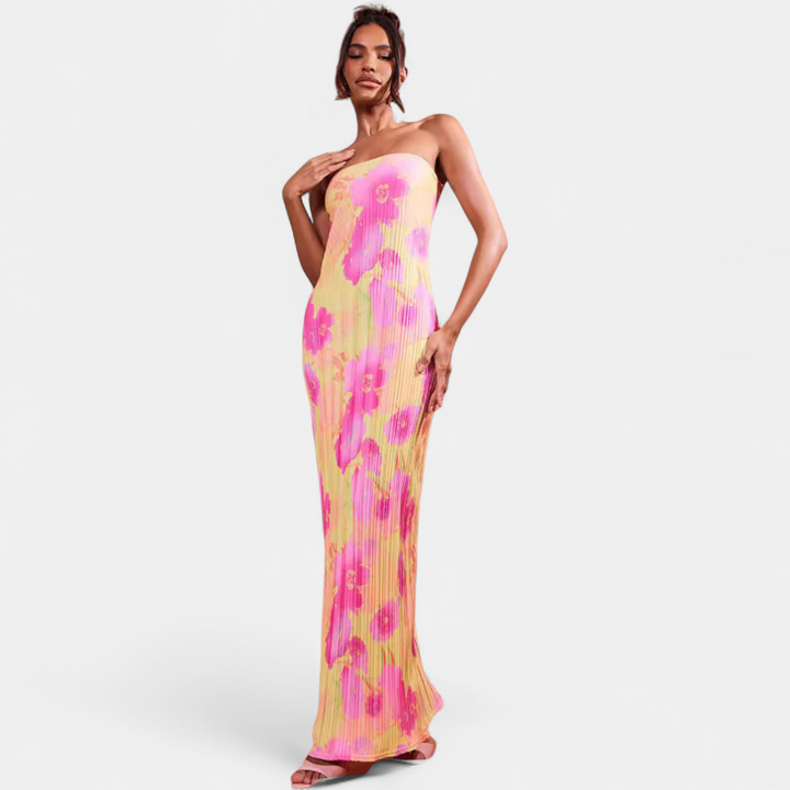 Women's Floral Cocktail Maxi Dress, Strapless Bodycon Tie Back
