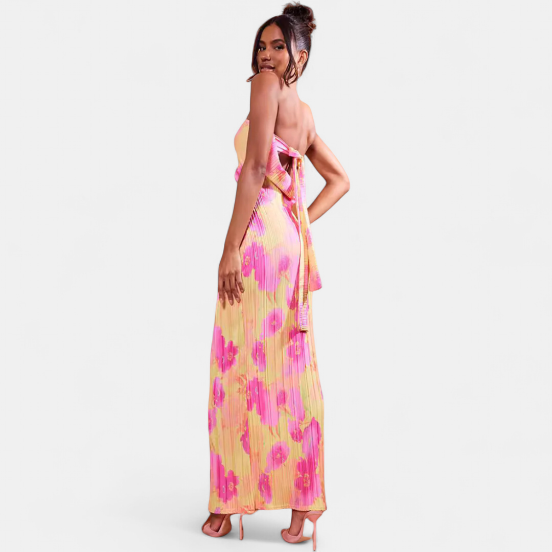Women's Floral Cocktail Maxi Dress, Strapless Bodycon Tie Back