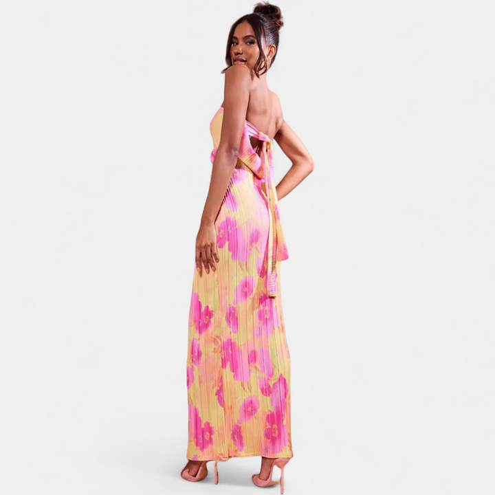 Women's Floral Cocktail Maxi Dress, Strapless Bodycon Tie Back