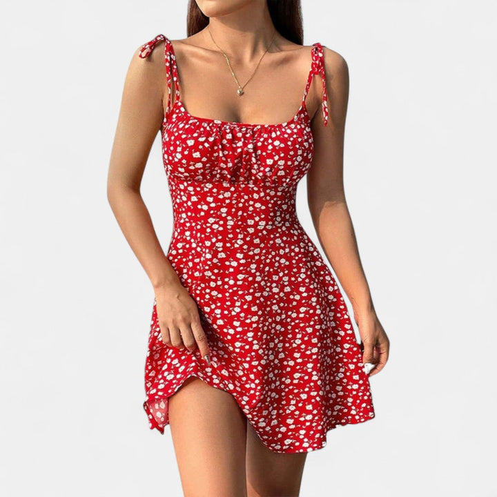 Women's Floral Mini Dress, Tie Strap A Line Flared