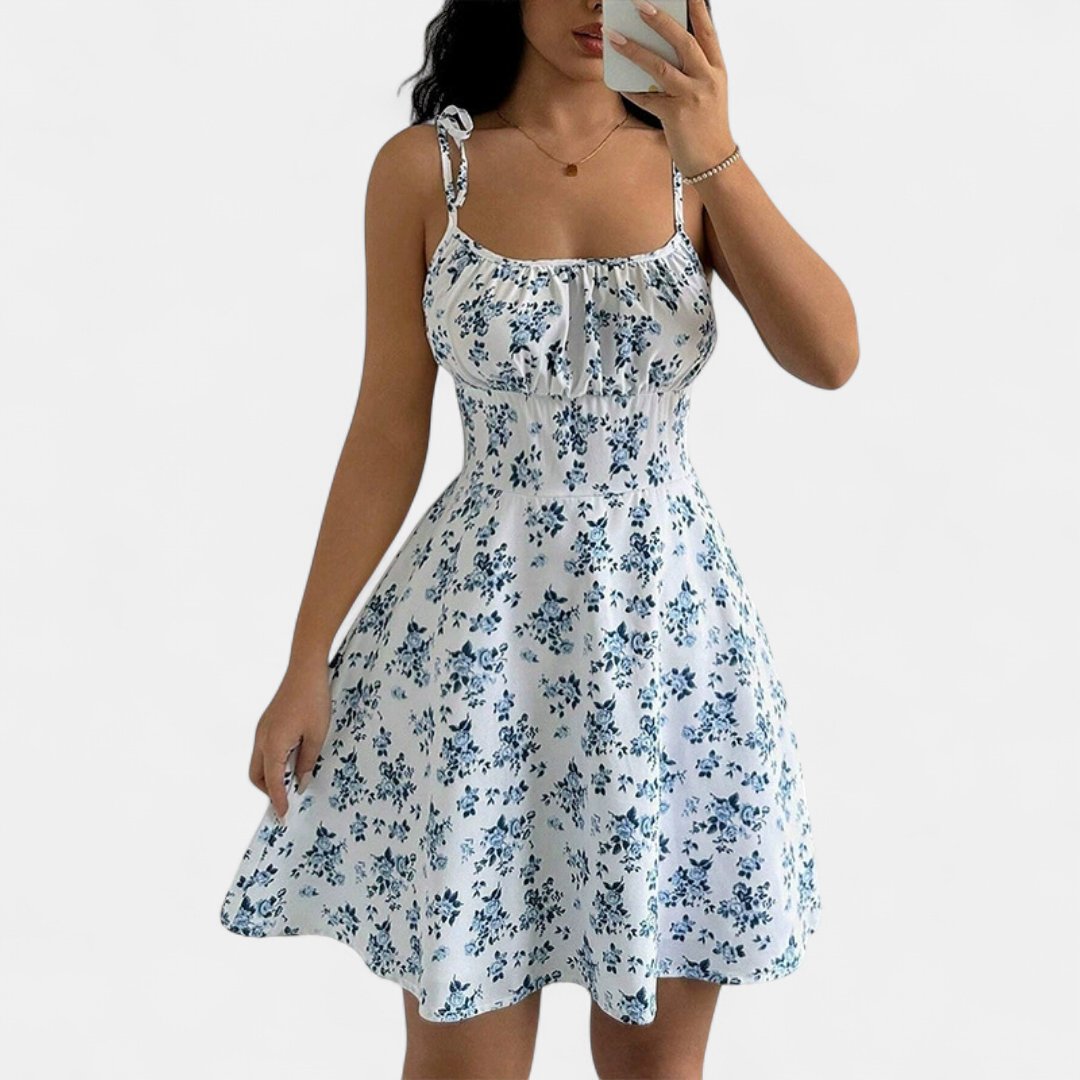 Women's Floral Mini Dress, Tie Strap A Line Flared