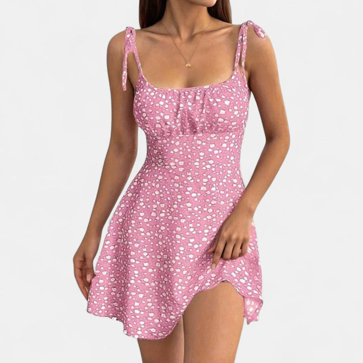Women's Floral Mini Dress, Tie Strap A Line Flared
