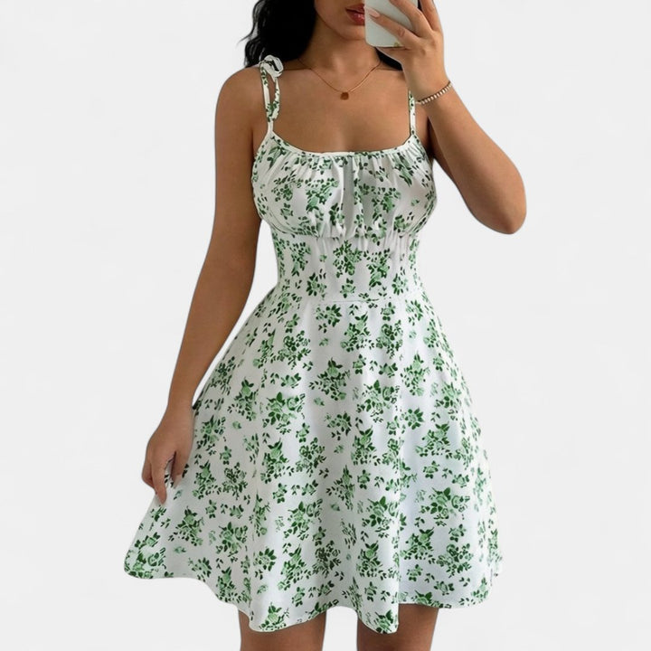Women's Floral Mini Dress, Tie Strap A Line Flared