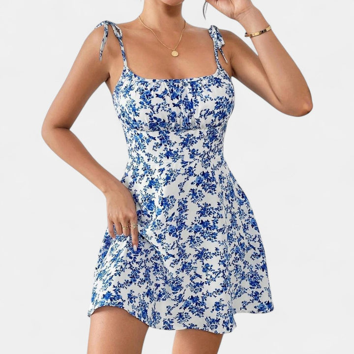 Women's Floral Mini Dress, Tie Strap A Line Flared