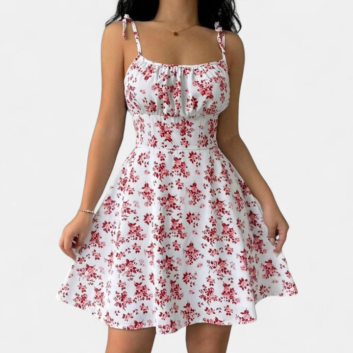 Women's Floral Mini Dress, Tie Strap A Line Flared