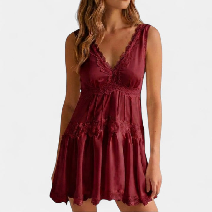 Women's Lace Cocktail Mini Dress, V Neck Tiered Flare