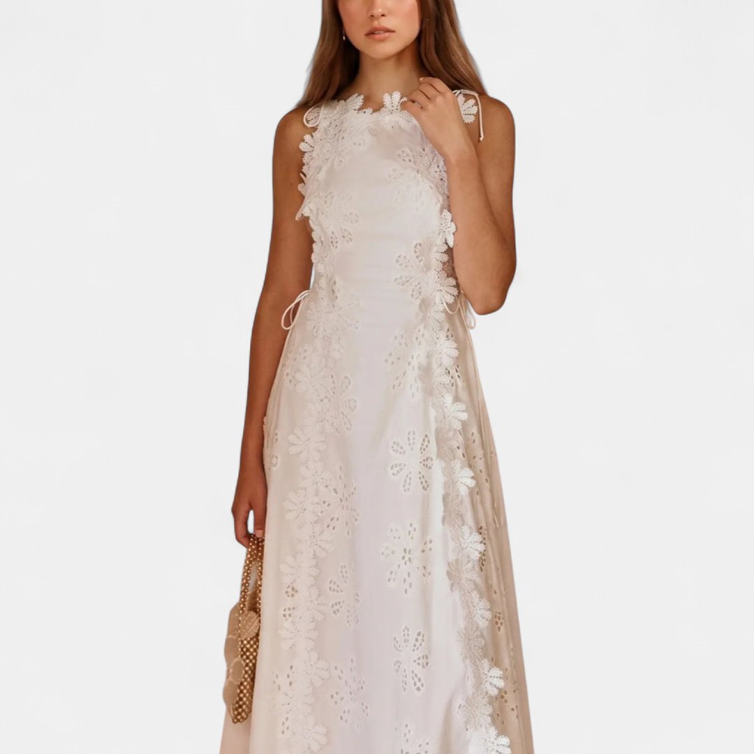 Women's Lace Maxi Dress, Sleeveless Tie Waist Embroidered