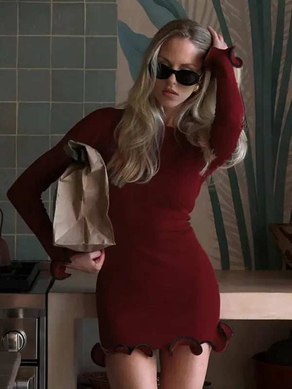 Women's Long Sleeve Sweater Dress, Bodycon Mini Scallop Hem