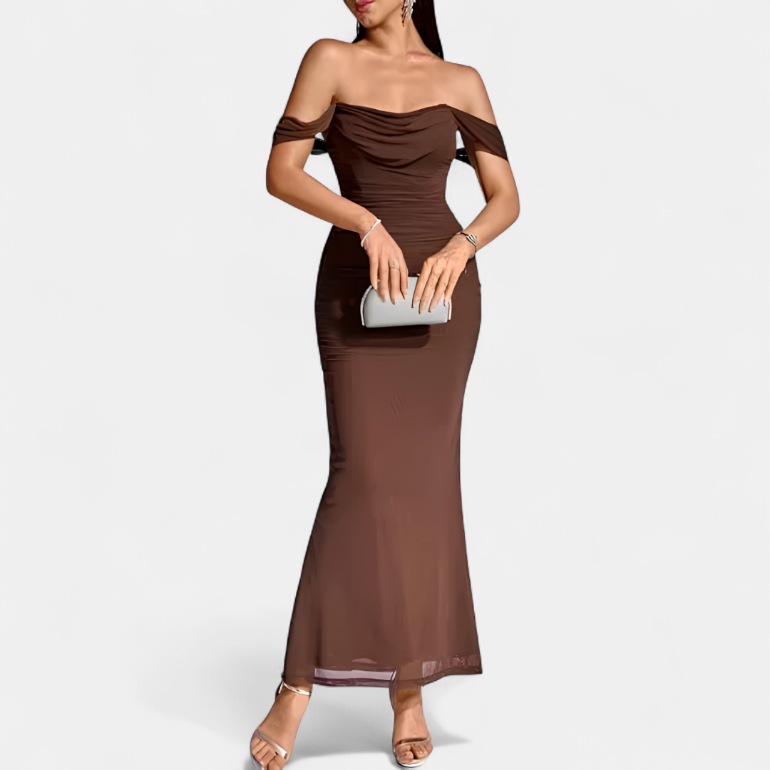 Women's Off Shoulder Bridesmaid Dress, Ruched Fishtail Maxi