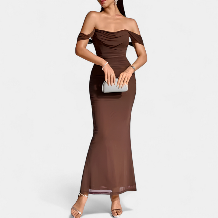Women's Off Shoulder Bridesmaid Dress, Ruched Fishtail Maxi