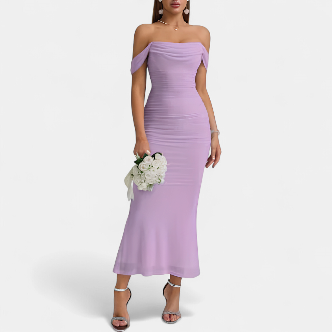 Women's Off Shoulder Bridesmaid Dress, Ruched Fishtail Maxi