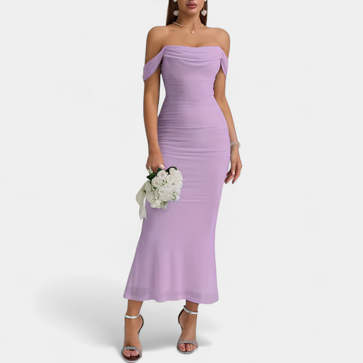 Women's Off Shoulder Bridesmaid Dress, Ruched Fishtail Maxi