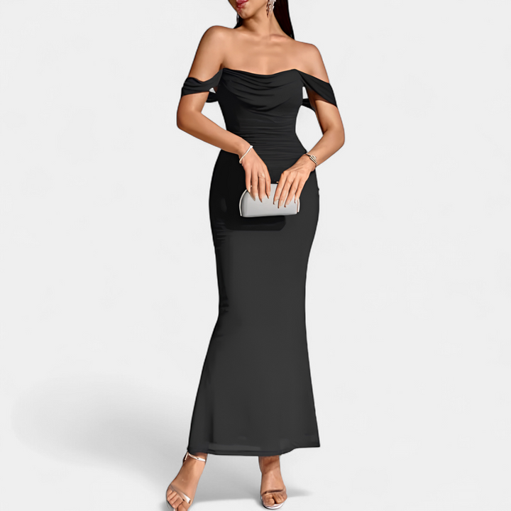 Women's Off Shoulder Bridesmaid Dress, Ruched Fishtail Maxi