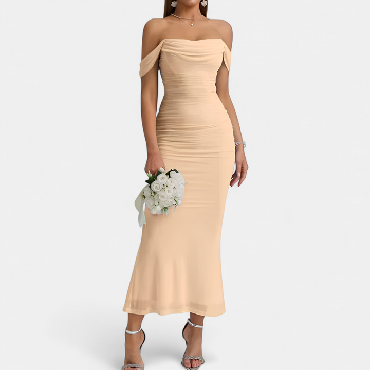 Women's Off Shoulder Bridesmaid Dress, Ruched Fishtail Maxi