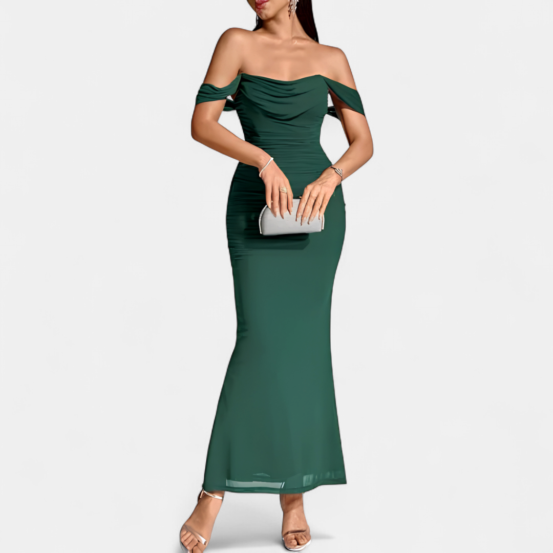 Women's Off Shoulder Bridesmaid Dress, Ruched Fishtail Maxi