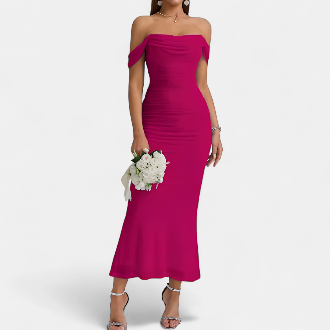 Women's Off Shoulder Bridesmaid Dress, Ruched Fishtail Maxi