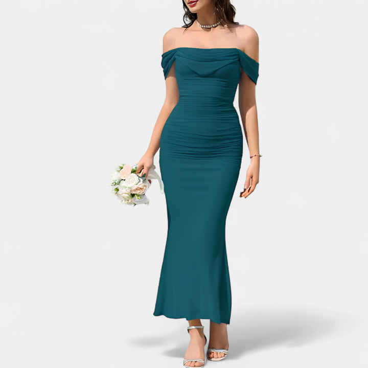 Women's Off Shoulder Bridesmaid Dress, Ruched Fishtail Maxi
