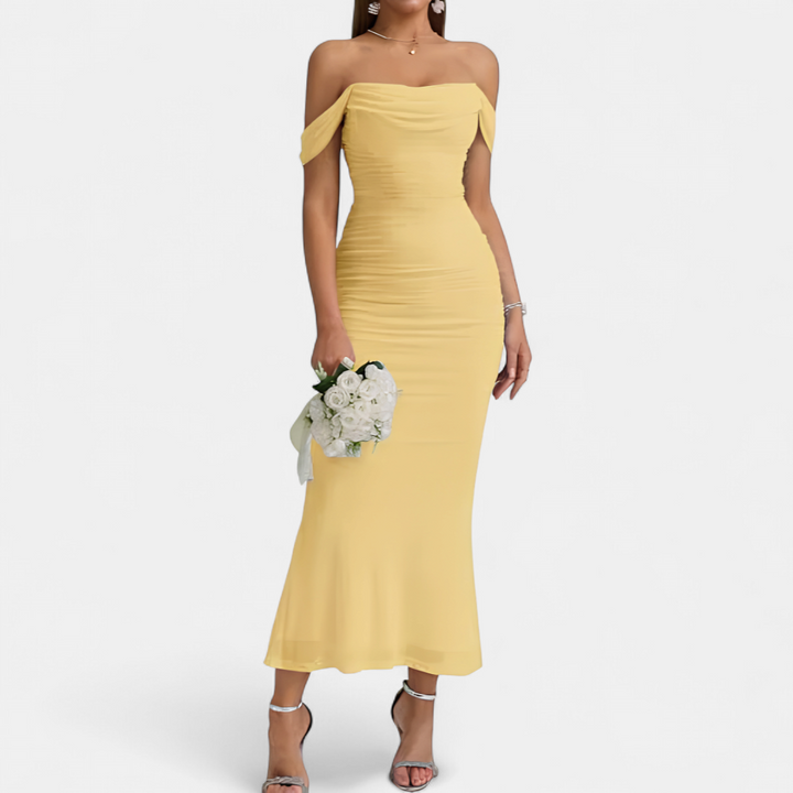Women's Off Shoulder Bridesmaid Dress, Ruched Fishtail Maxi