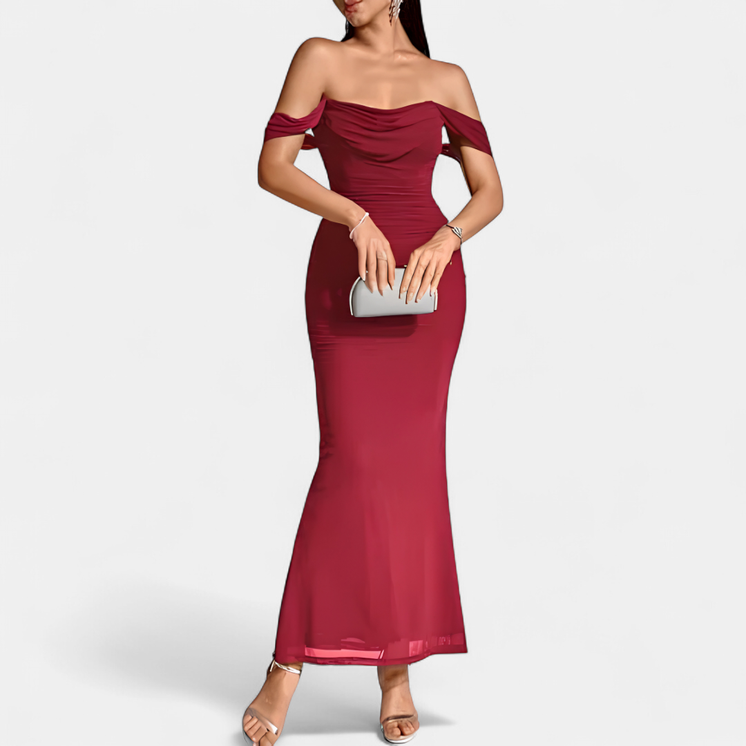 Women's Off Shoulder Bridesmaid Dress, Ruched Fishtail Maxi