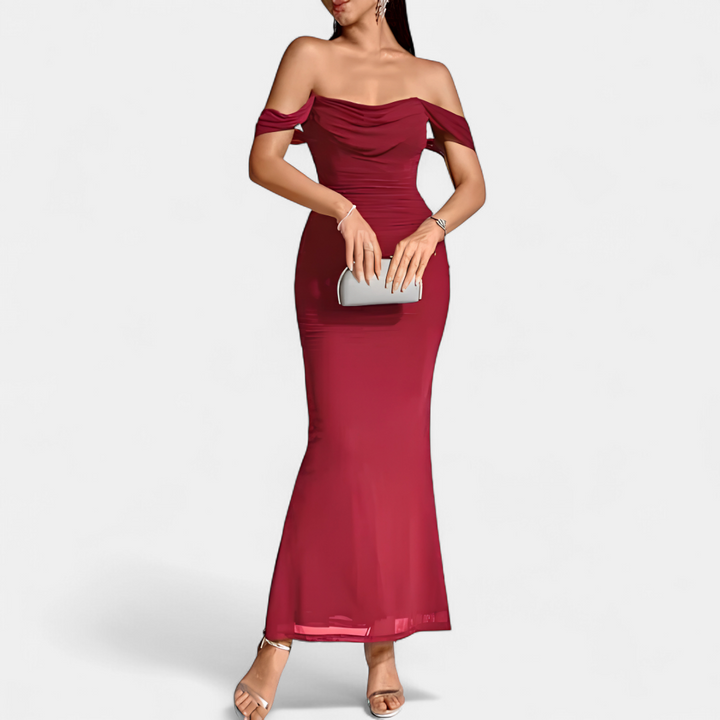 Women's Off Shoulder Bridesmaid Dress, Ruched Fishtail Maxi