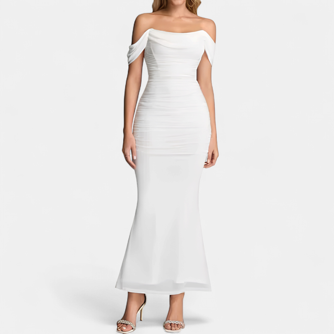 Women's Off Shoulder Bridesmaid Dress, Ruched Fishtail Maxi