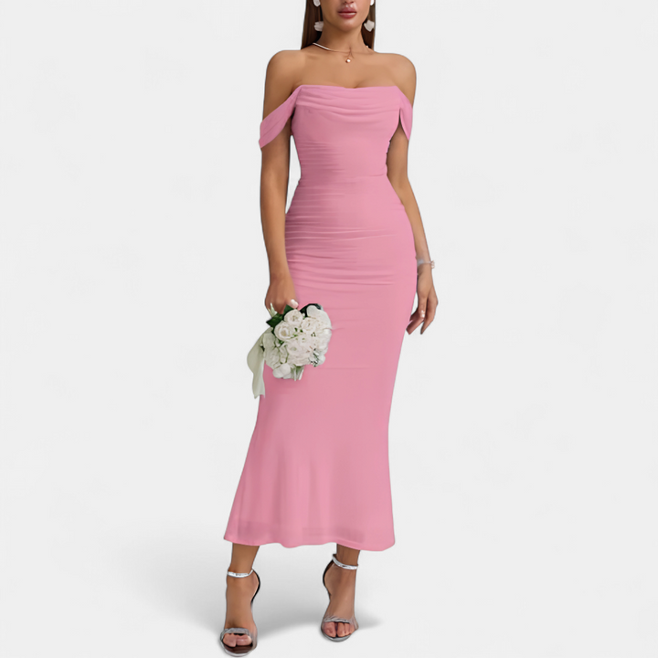 Women's Off Shoulder Bridesmaid Dress, Ruched Fishtail Maxi