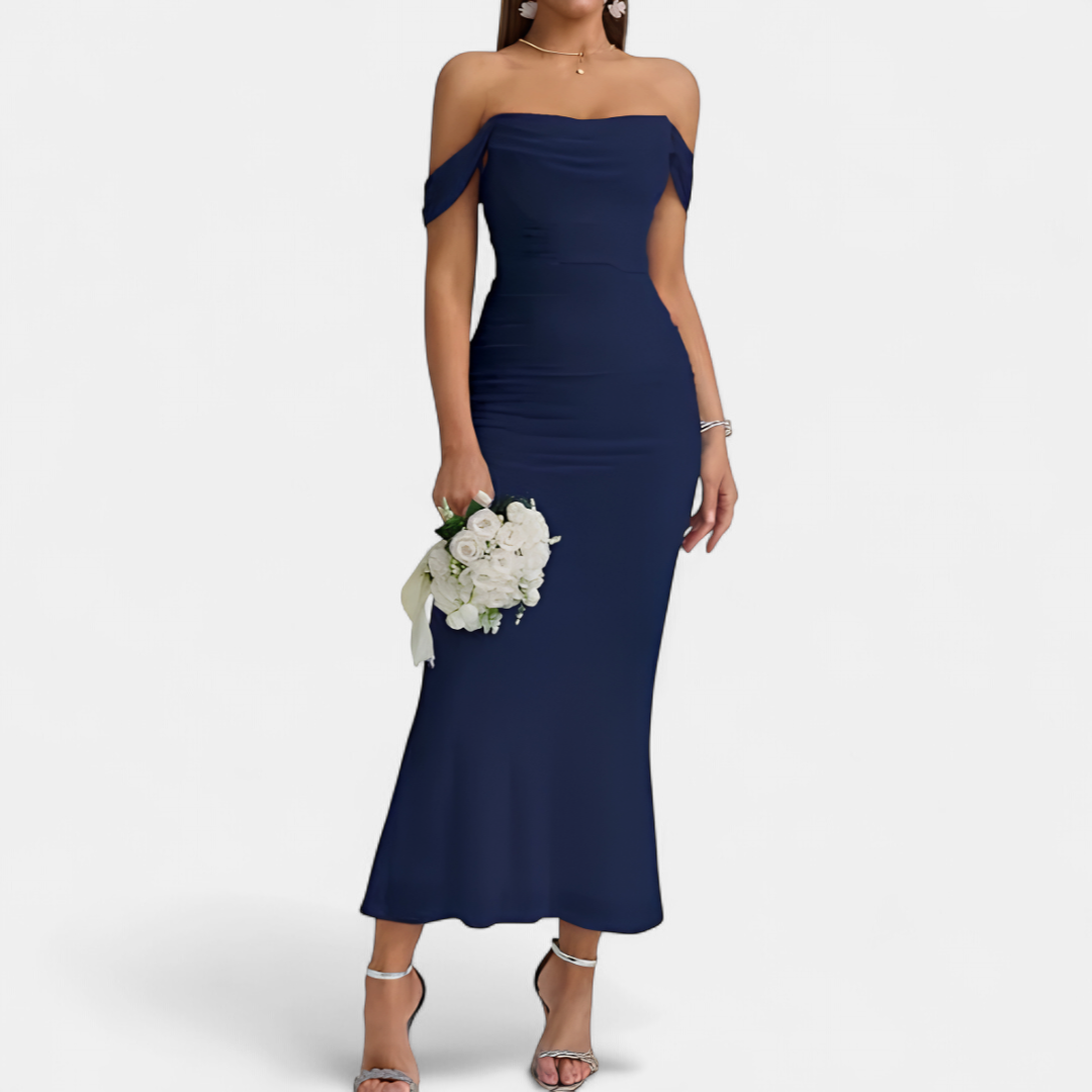 Women's Off Shoulder Bridesmaid Dress, Ruched Fishtail Maxi