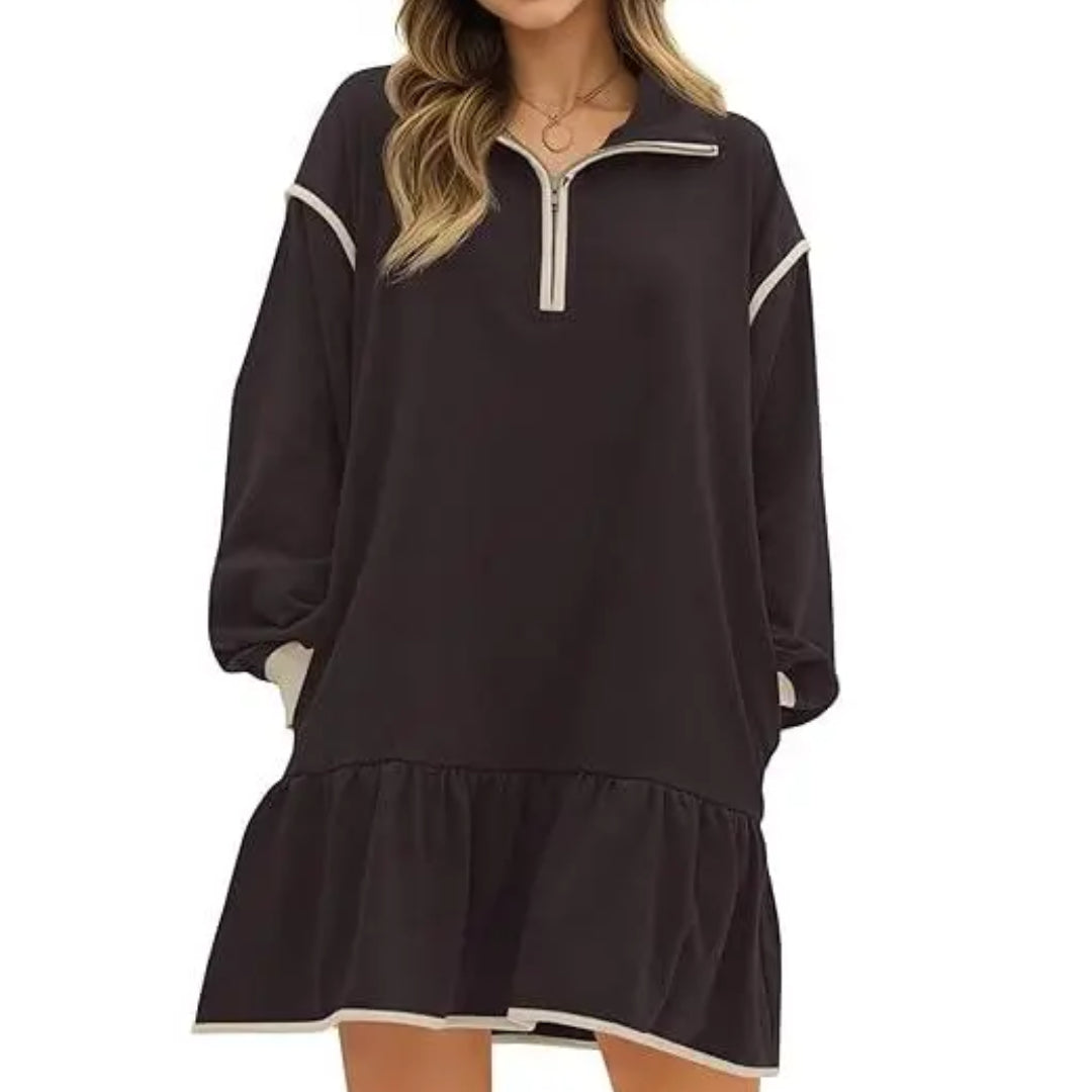 Women's Long Sleeve Sweatshirt Dress, Quarter Zip Drop Hem