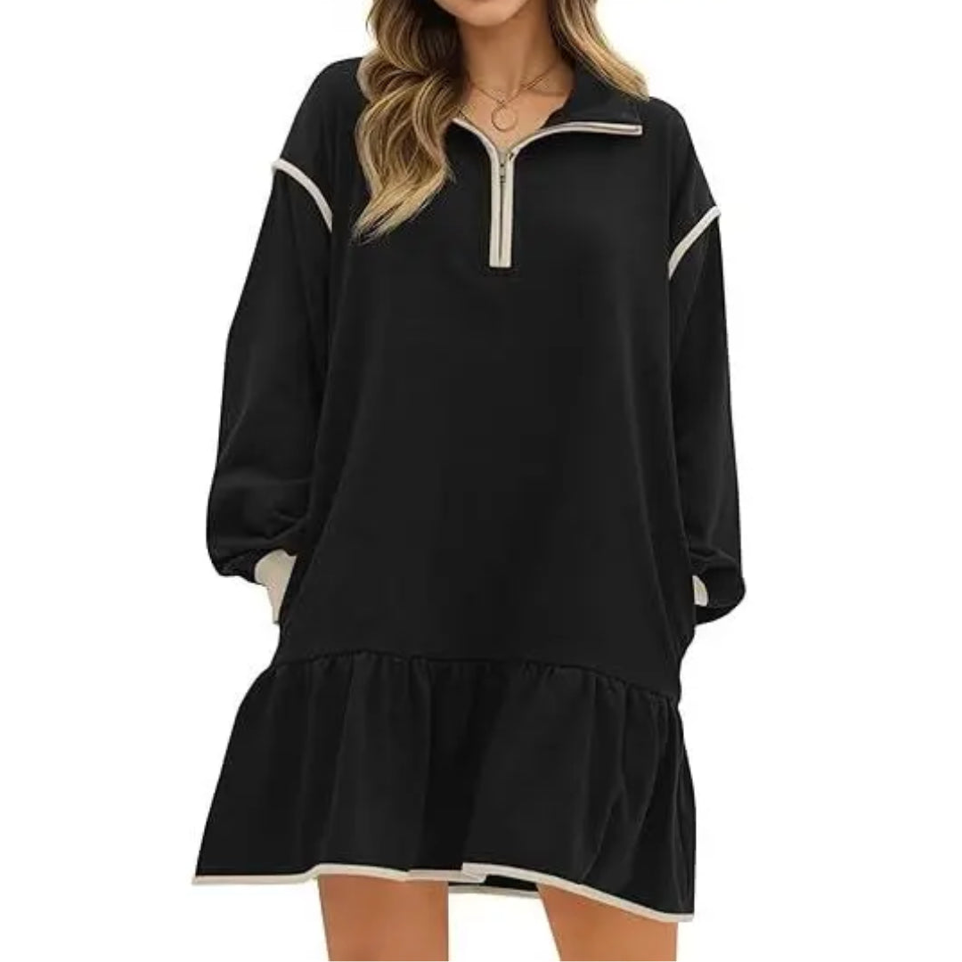 Women's Long Sleeve Sweatshirt Dress, Quarter Zip Drop Hem